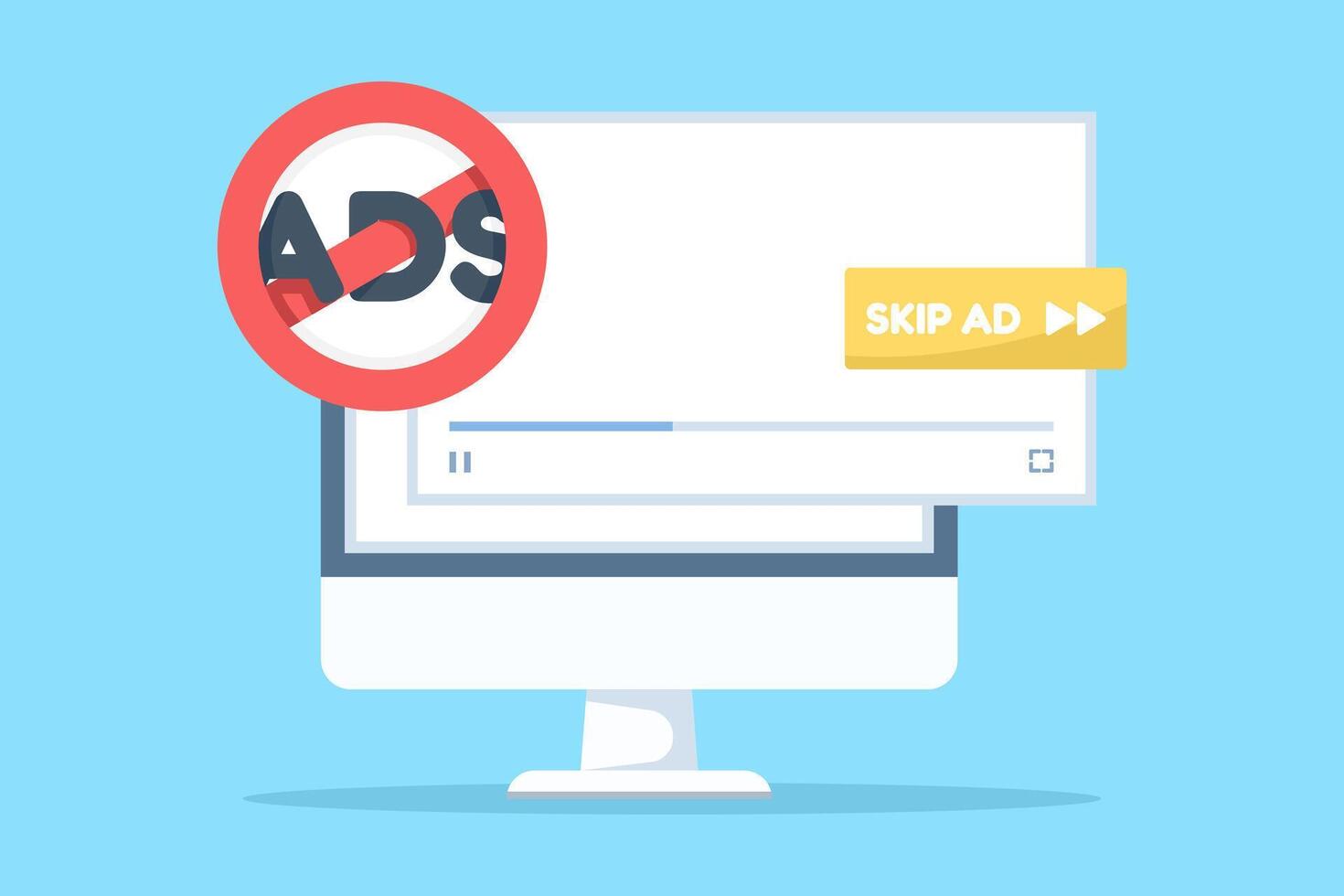 Flat illustration of ad blocker concept. Software tool or browser extension to skip or block online advertising, ensuring smooth viewing experience with digital icons on background. vector