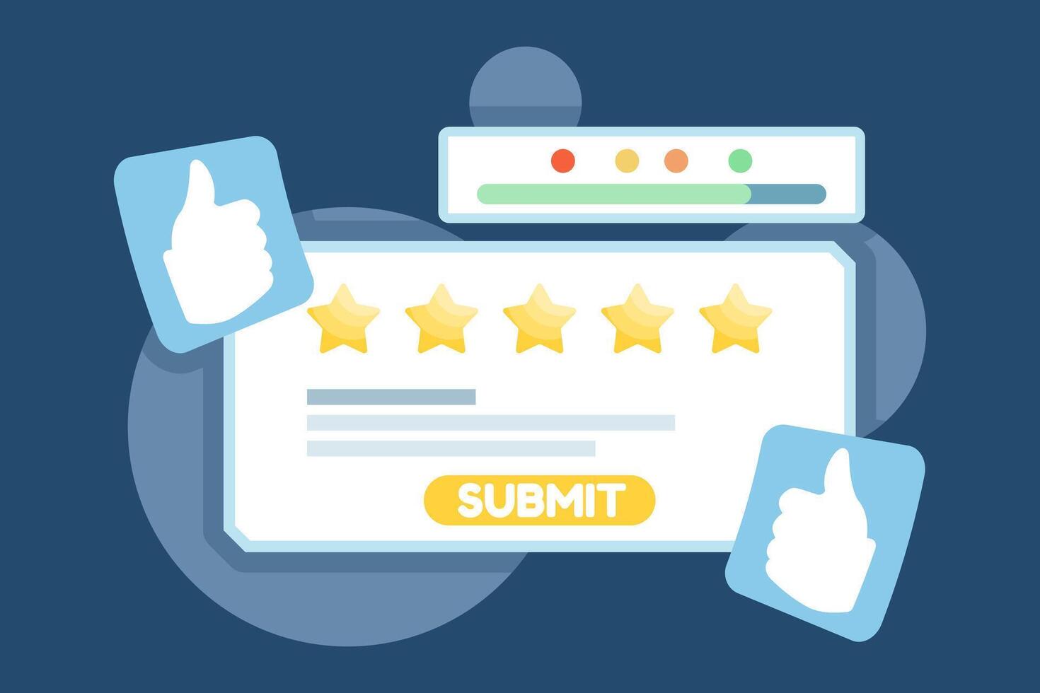 Flat illustration of customer feedback and satisfaction rating. Includes five stars, satisfaction meter, and thumbs up symbolizing online review, UX evaluation, and service quality vector