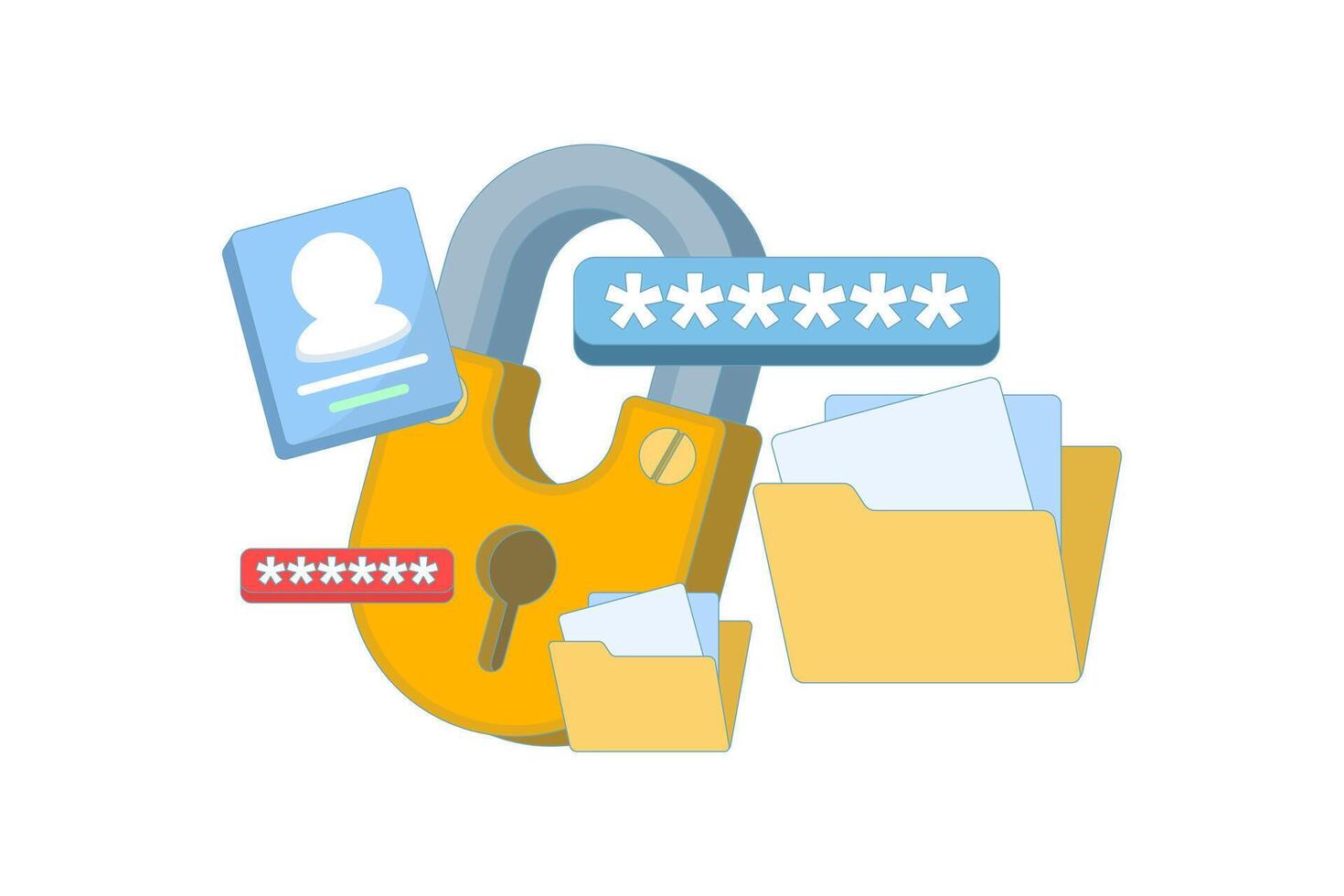 illustration of file security concept. Locked folder and password protection symbolize safe document access, data privacy software, and user ensuring safety with a large padlock. vector