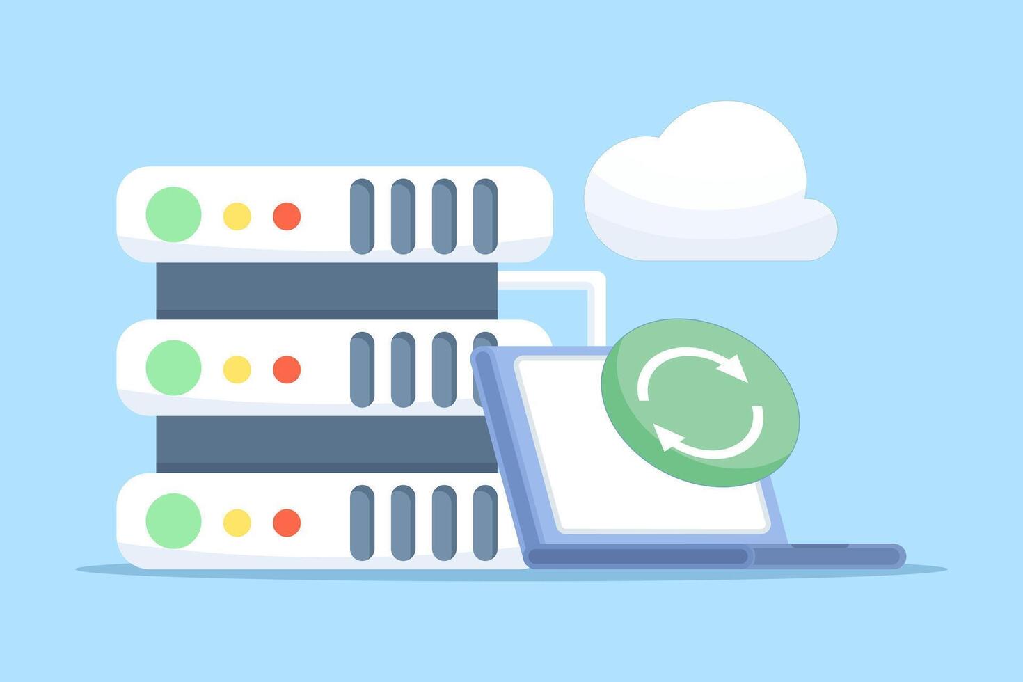 Flat of data entry concept. Typing, processing, and managing information in computer systems or cloud databases, with keyboard and server elements representing digital data management. vector