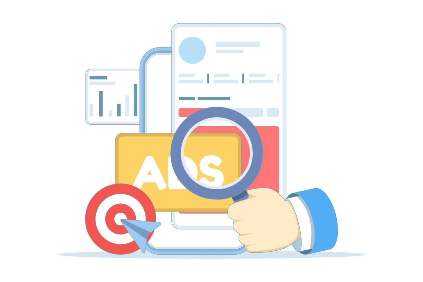 Flat illustration of mobile advertising strategy. Native ads and programmatic targeting for smartphones, optimizing campaigns, increasing engagement, and enhancing mobile marketing performance. vector