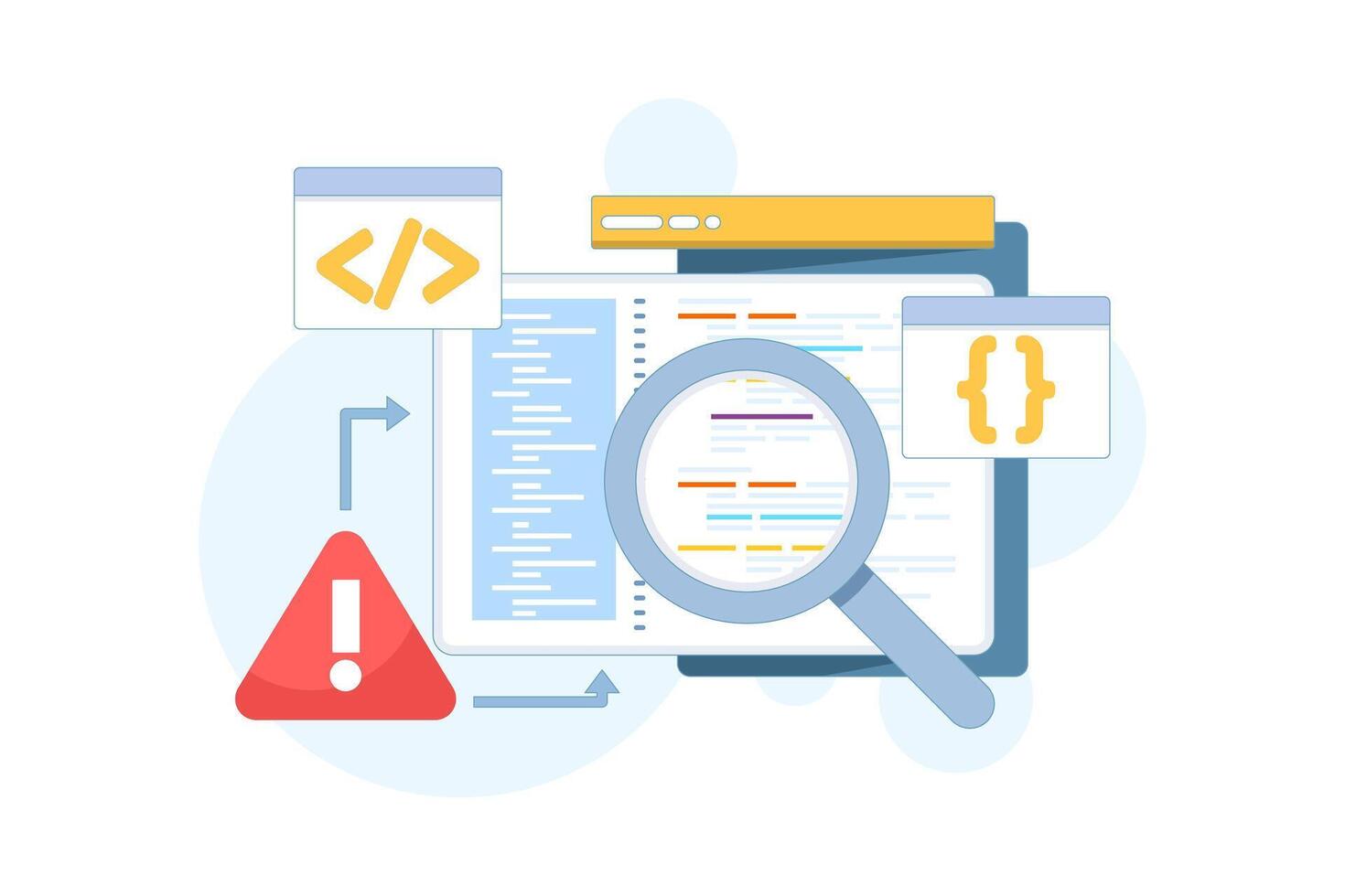 illustration of bug report concept. Magnifying glass searching software errors and system issues, symbolizing debugging, computer virus protection, and security in digital programs. vector