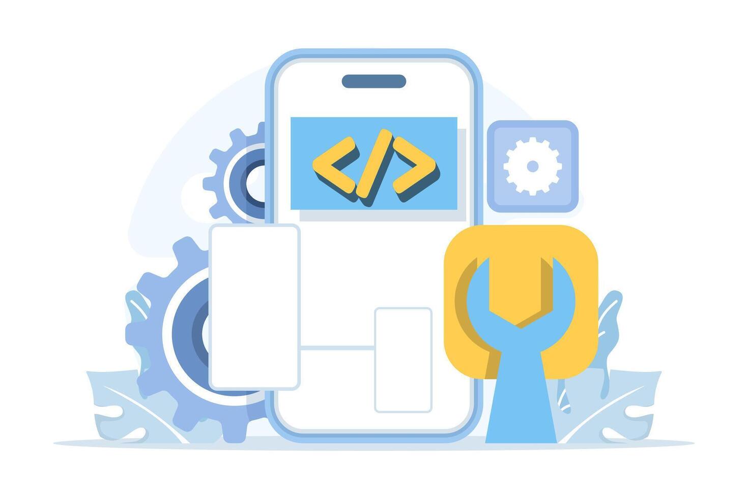 Smartphone app setup concept. Downloading, installing, and configuring apps, adjusting settings, and managing mobile apps for optimal performance. Flat design illustration. vector