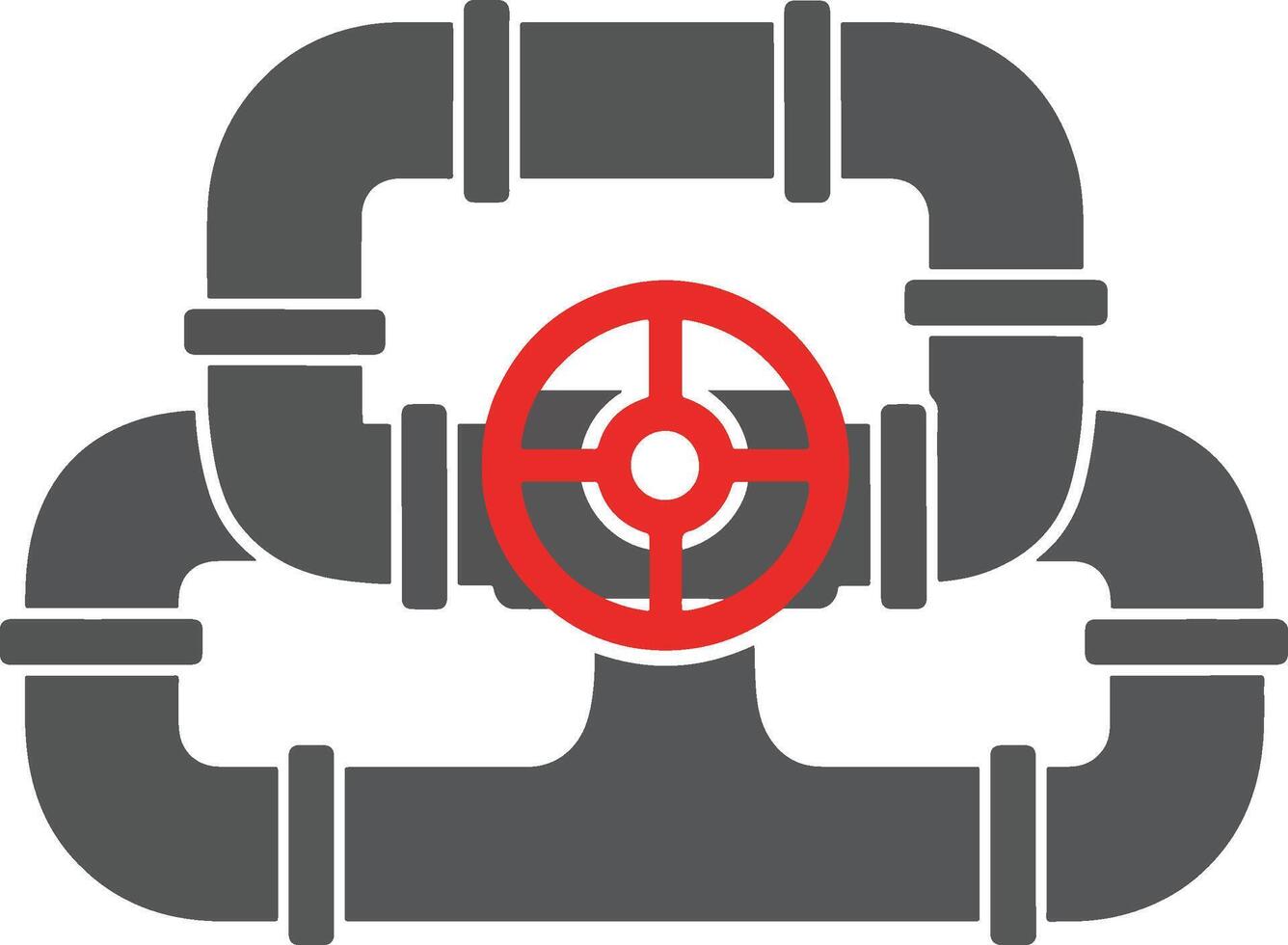 Industrial icon depicting a complex pipe system with an interconnected pipeline network and a central red control valve vector