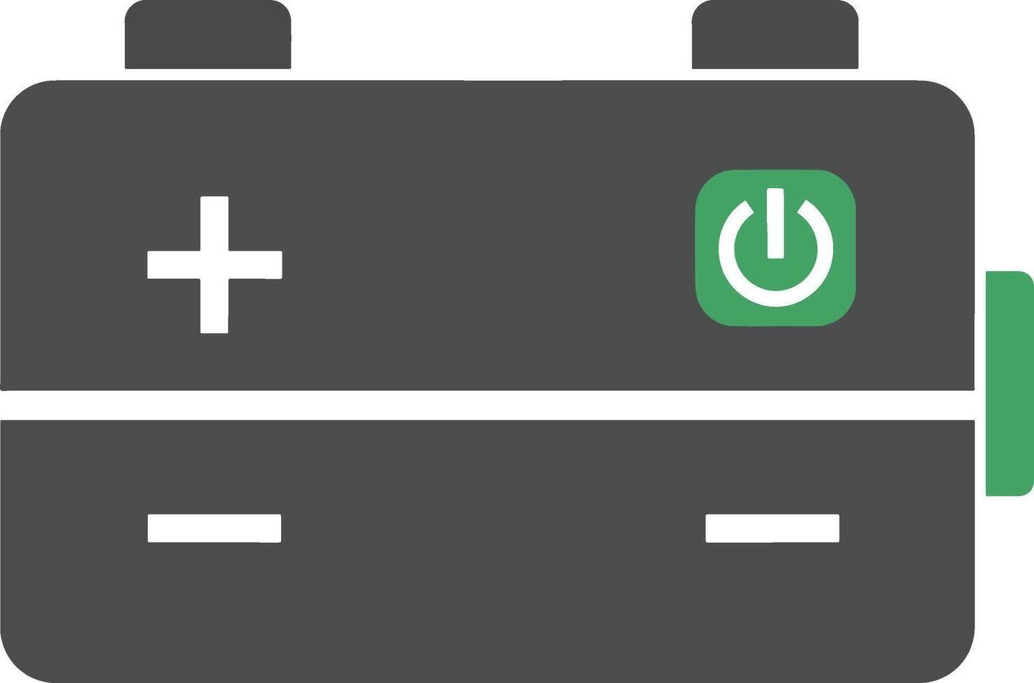 Flat design icon of an industrial battery with a power on button. symbol for rechargeable energy, electricity, and power source technology vector