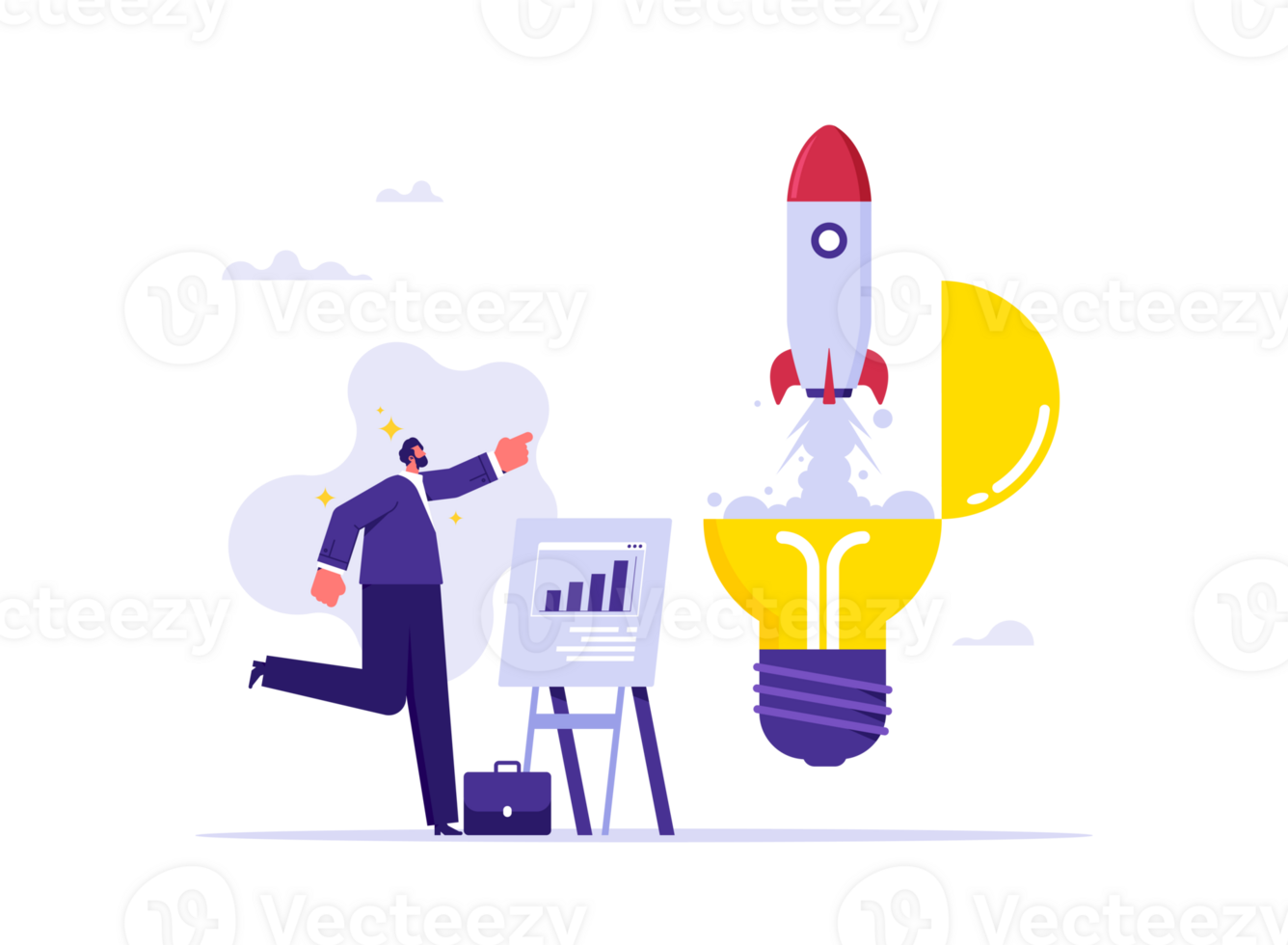 Concept of innovative project launch, businessman points to rocket or spacecraft flying out of lightbulb, innovative project, startup png