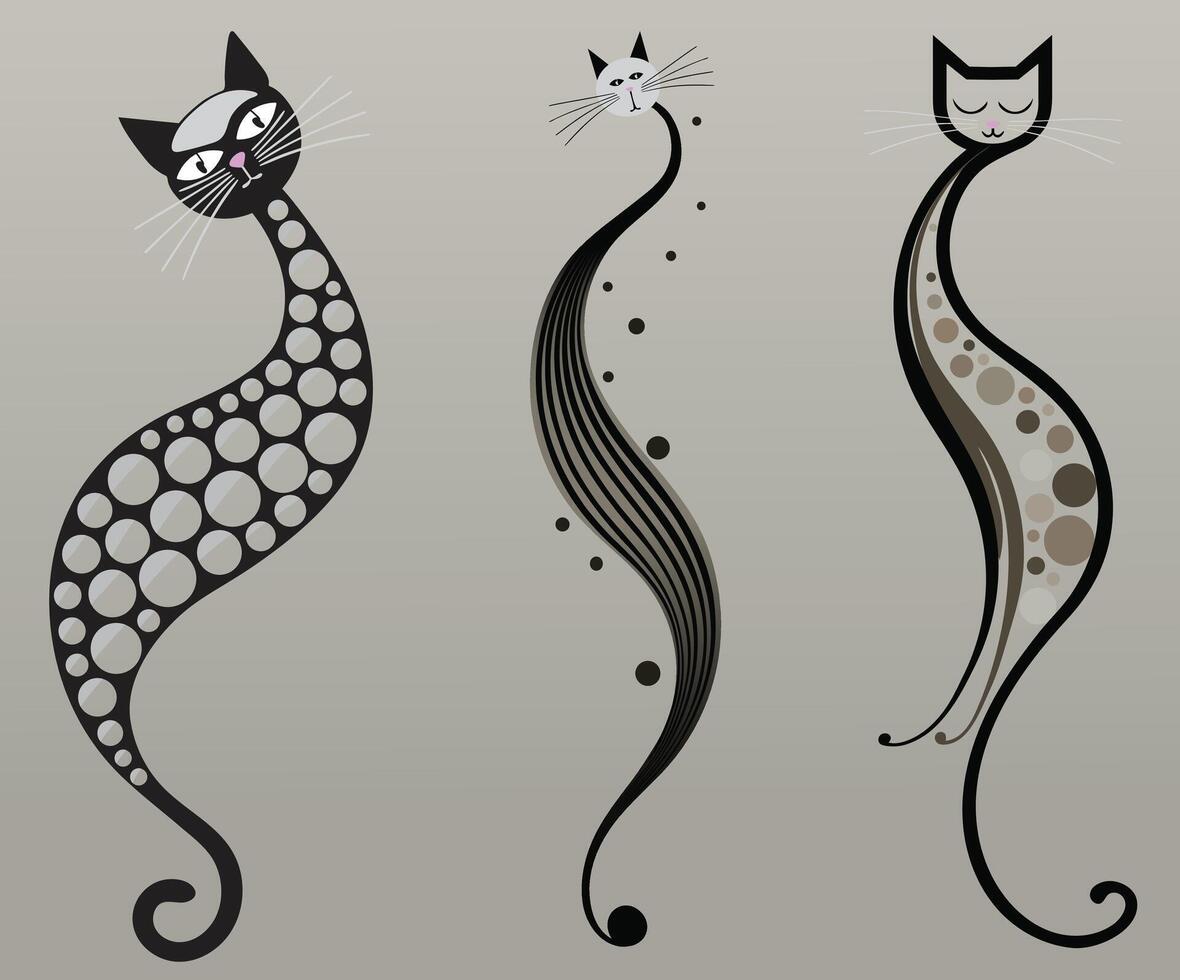 An abstract artistic sketch featuring three cats. vector