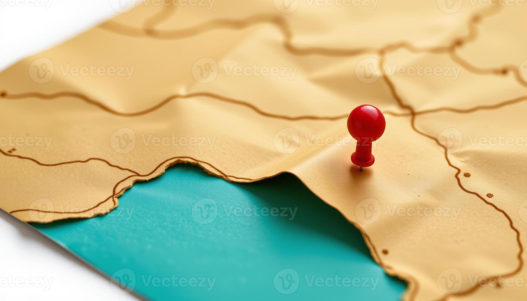 Close up of an aged crinkled map with brown lines and a vibrant red pushpin marking a specific location on the paper A photo