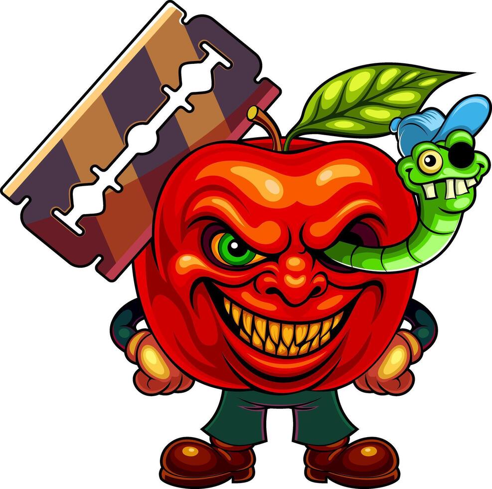 image of an apple with a razor and a worm, dedicated to Halloween vector