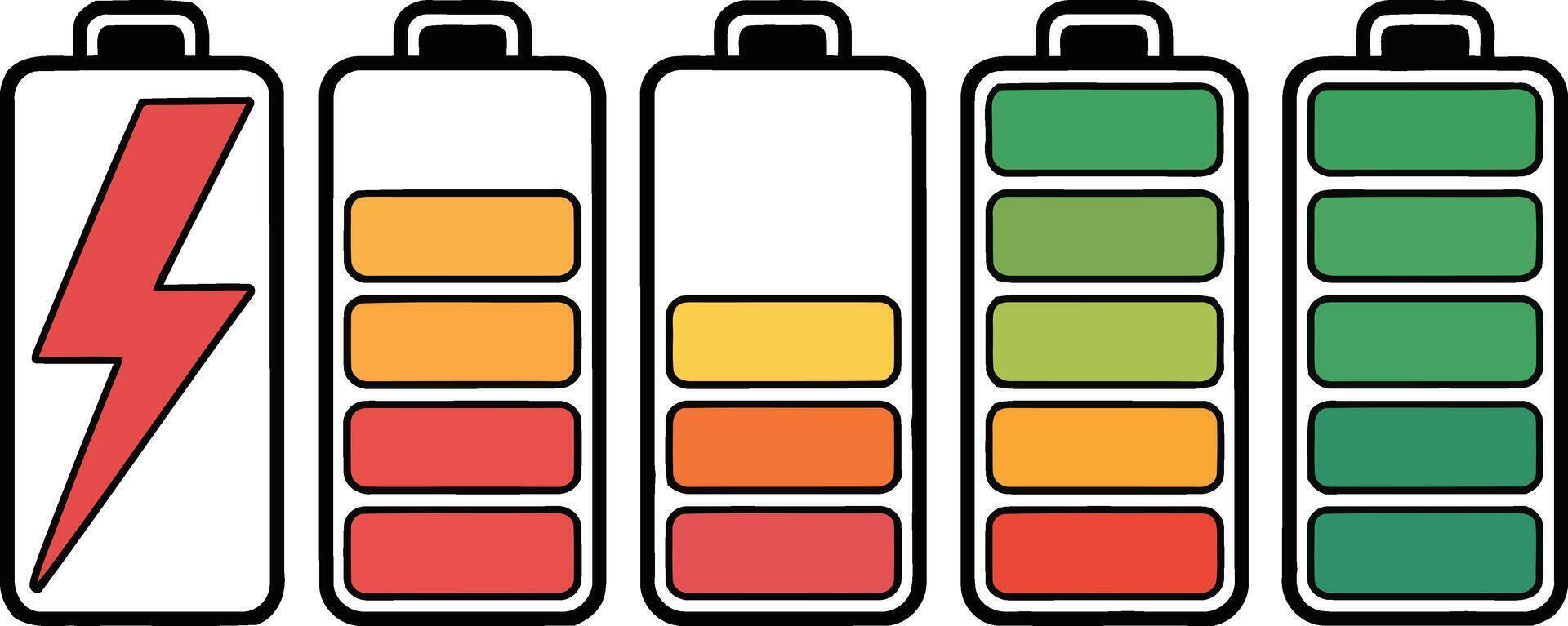 Battery charge indicator showing different levels and a charging symbol isolated on white background illustration vector