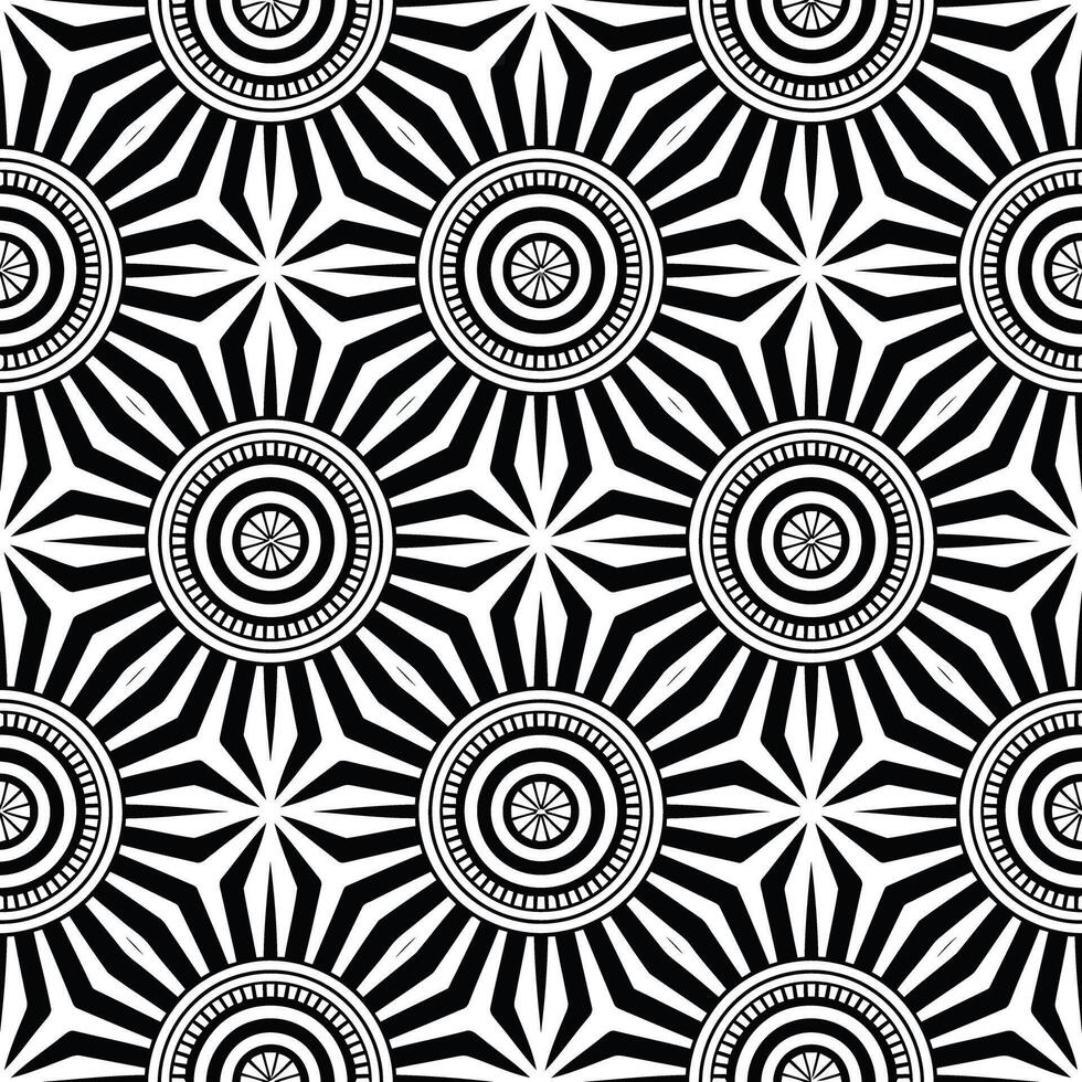 Abstract geometric pattern with black and white concentric circles and starburst shapes illustration vector