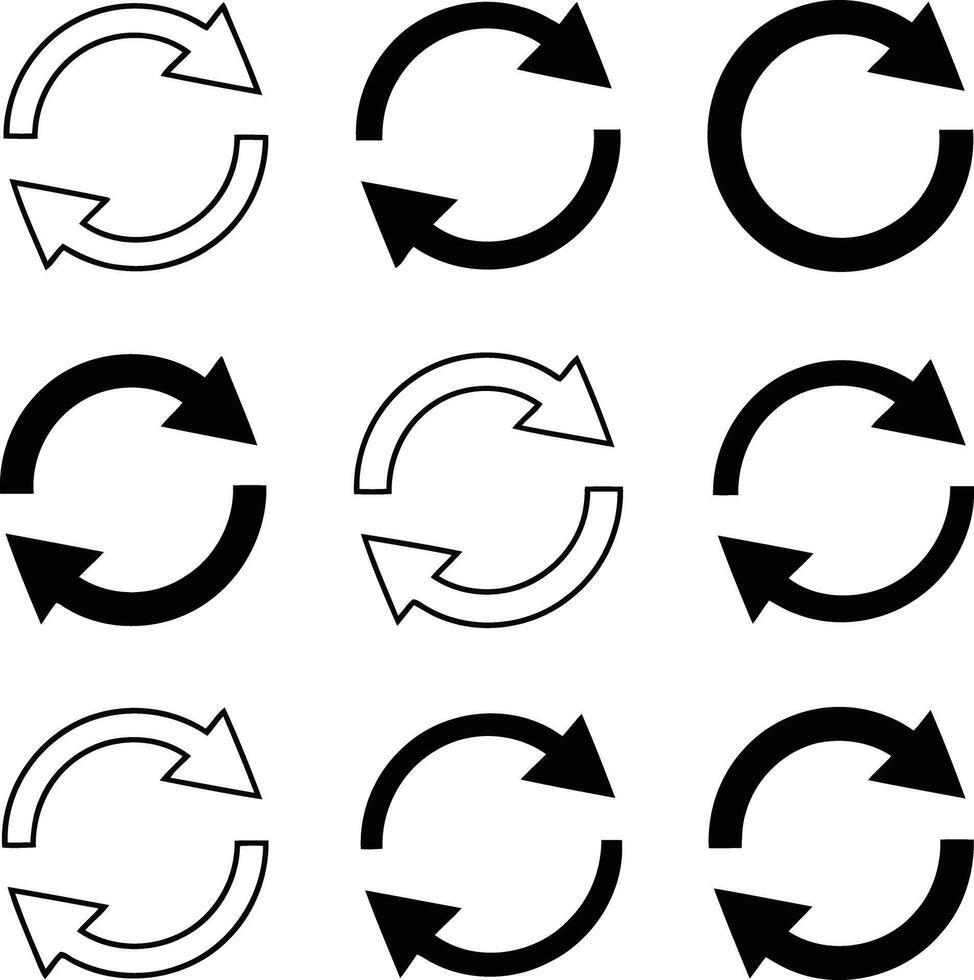 Set of nine circular arrow icons with different styles and fill illustration vector