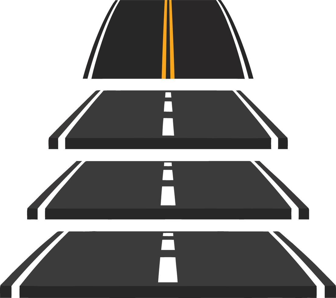 Perspective view of a multilane highway with white dashed lines and a yellow center line illustration vector