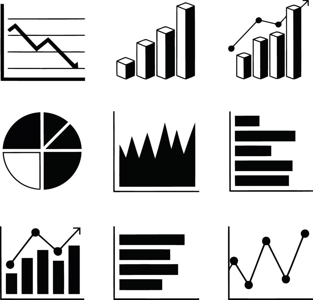 Collection of various black and white charts and graphs illustrating data analysis and trends illustration vector