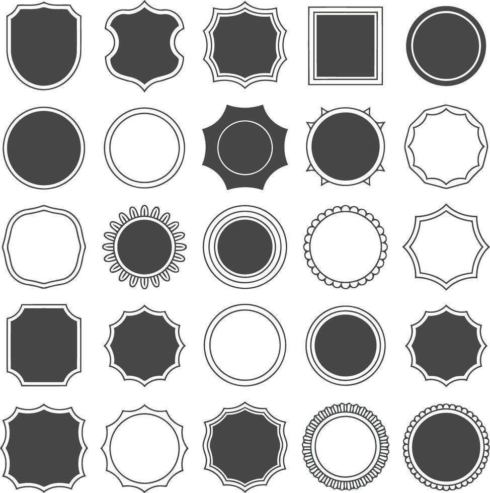 Collection of twentyfive varied shield and circular frames isolated on white background illustration vector