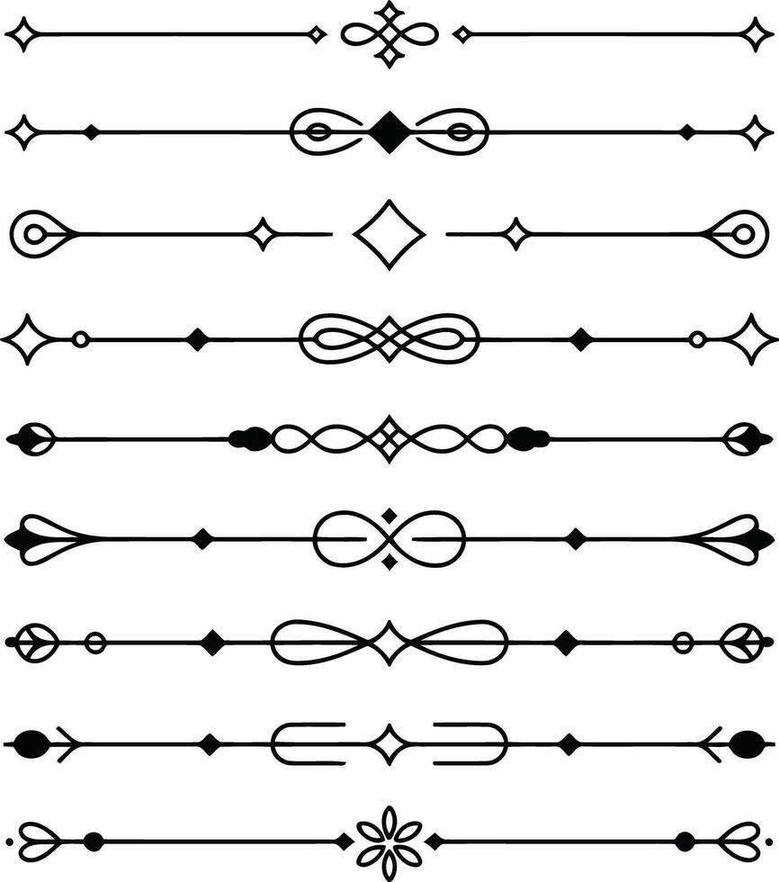 Variety of decorative horizontal line elements with unique patterns and accents, isolated on white background illustration vector