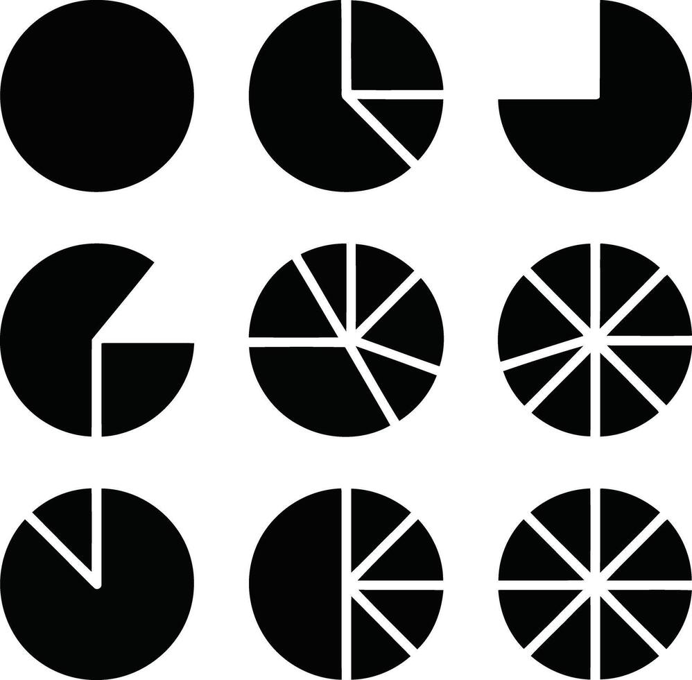 Set of nine pie chart icons showing different proportions and divisions isolated on white background illustration vector