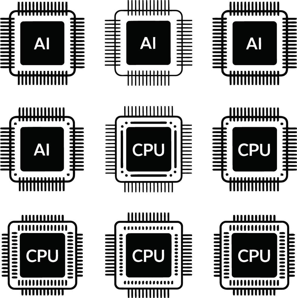 Grid of black icons representing ai and cpu microchips with pins on a white background illustration vector