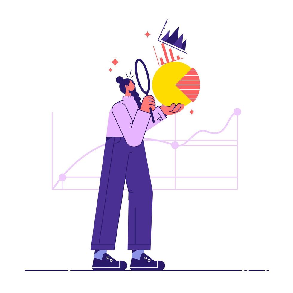 Business data analysis concept illustration, employees are analyzing with different financial charts and graphs vector