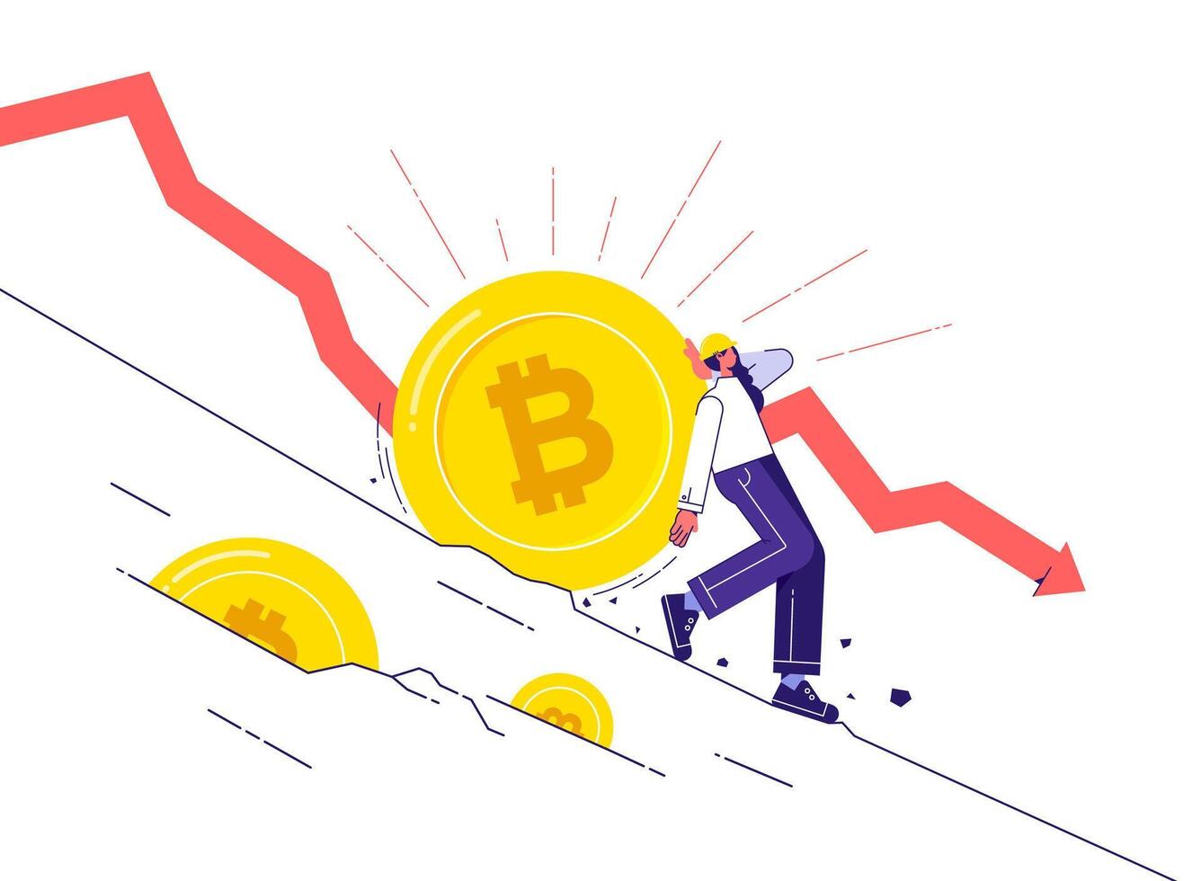 Woman trader trying to hold big bitcoin from the fallen in price bitcoin, cryptocurrency price falling down vector