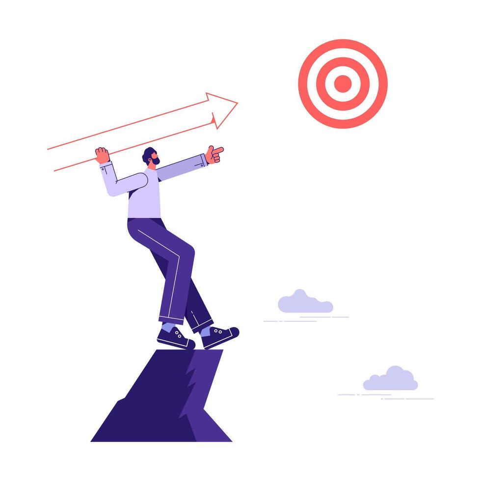 Businessman standing on peak of cliff targeting dartboard with big arrow. Businessman aiming target on cliff, success business metaphor vector