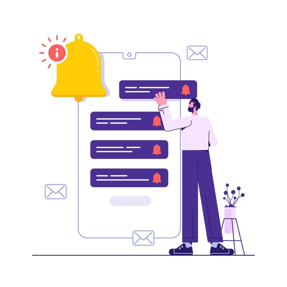 Ring subscription bell to get reminder for new social media content, man get chat messages notification on mobile phone, turn on notification on social media for up to date vector
