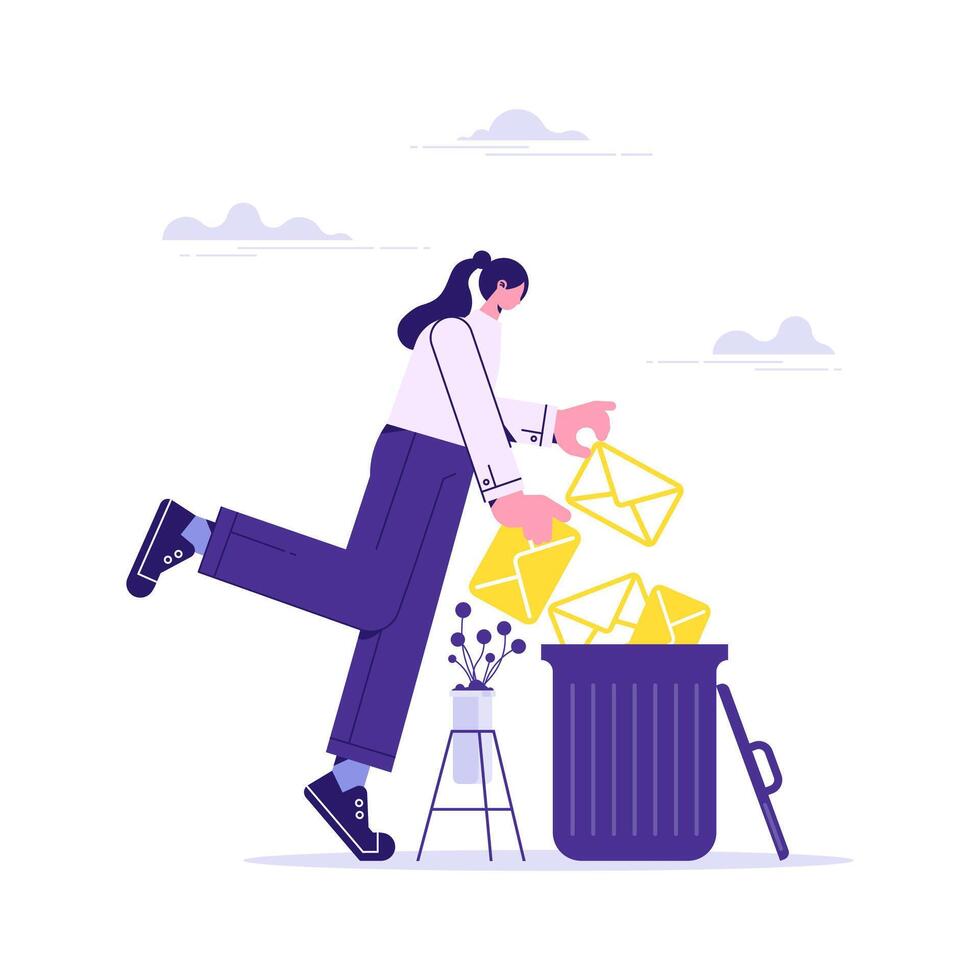 Woman deleting data and move unnecessary files to trash bin. Cleaning digital memory, cleaning e-mail, remove spam. Girl holding envelope with letter or message. User deleting email to waste bin vector