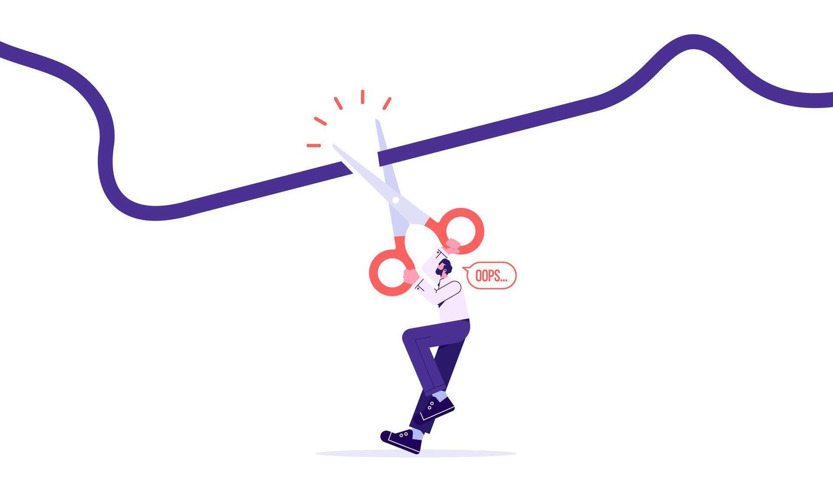 Man hold scissors cutting electric wire. Electricity plug and socket disabled. 404 Error, page not found. Connection error vector