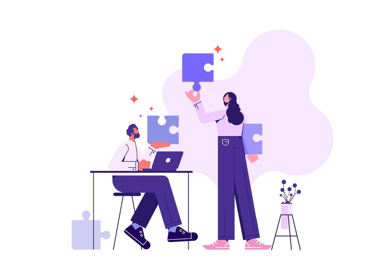 Team metaphor. Group of peoples doing teamwork assembling jigsaw puzzle. Symbol of teamwork, cooperation, partnership vector