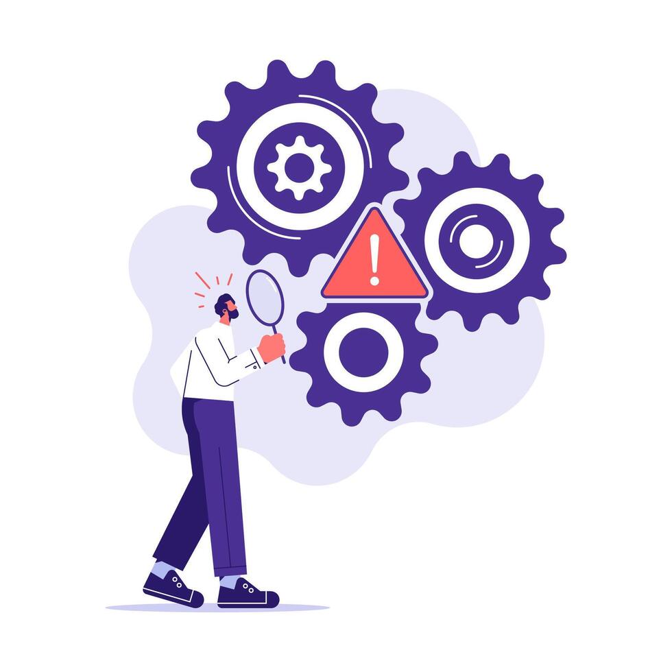Search for problem and find solution or answer for business problem concept, businessman using magnifying glass to search for problem. Problem and root cause analysis vector