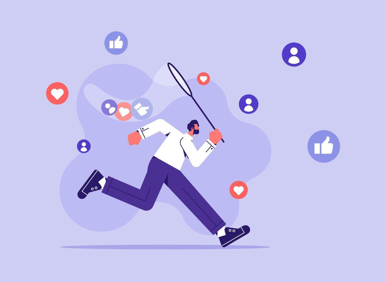 Catch likes concept. Man with net runs for positive reactions in social networks and instant messengers. Internet addiction, popular person vector