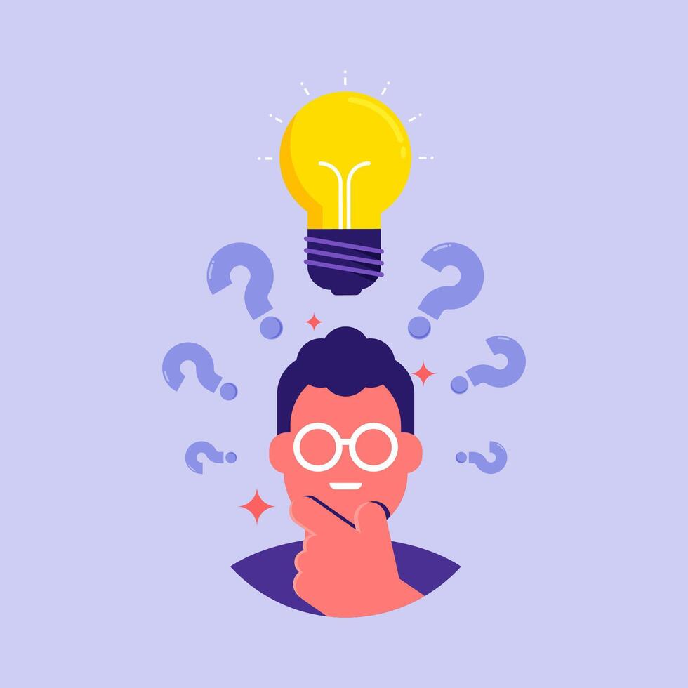 Man is thinking standing under question marks, problem solving concept with question marks and light bulb icon, creative idea sign vector