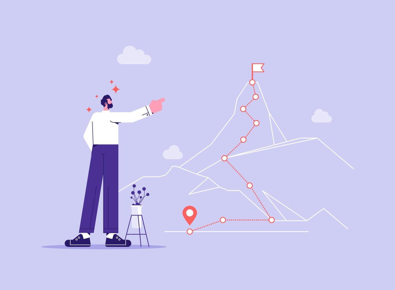 Path of success concept, Businessman pointing and look up to the goal, mountain climbing progress route to peak in flat simple style vector