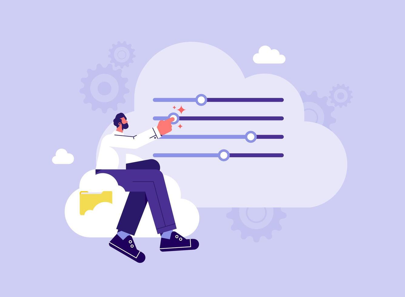 Privacy policy concept. Account access, data protection, cloud storage, businessman setting privacy or security service system on cloud vector