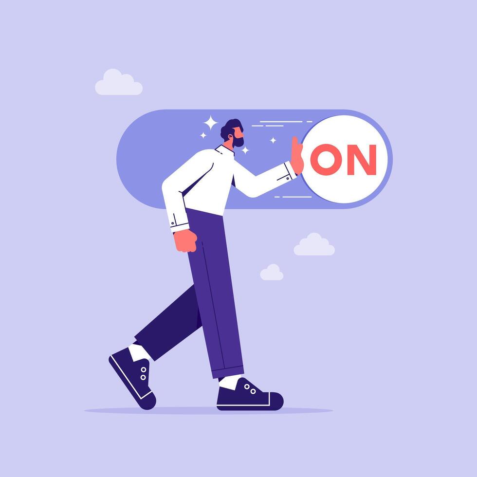 Turn on switch, start or begin business, setting or preference concept, businessman push setting button switch to on position vector