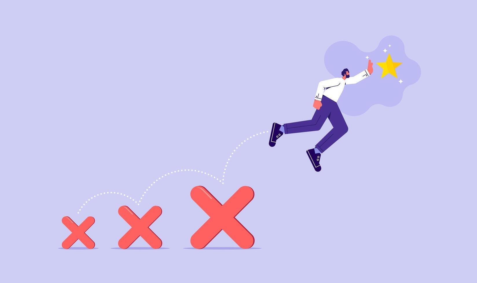 Failed to success, using failure to be lesson learn to achieve business success concept, businessman jumping on many time of failures to reach success star vector