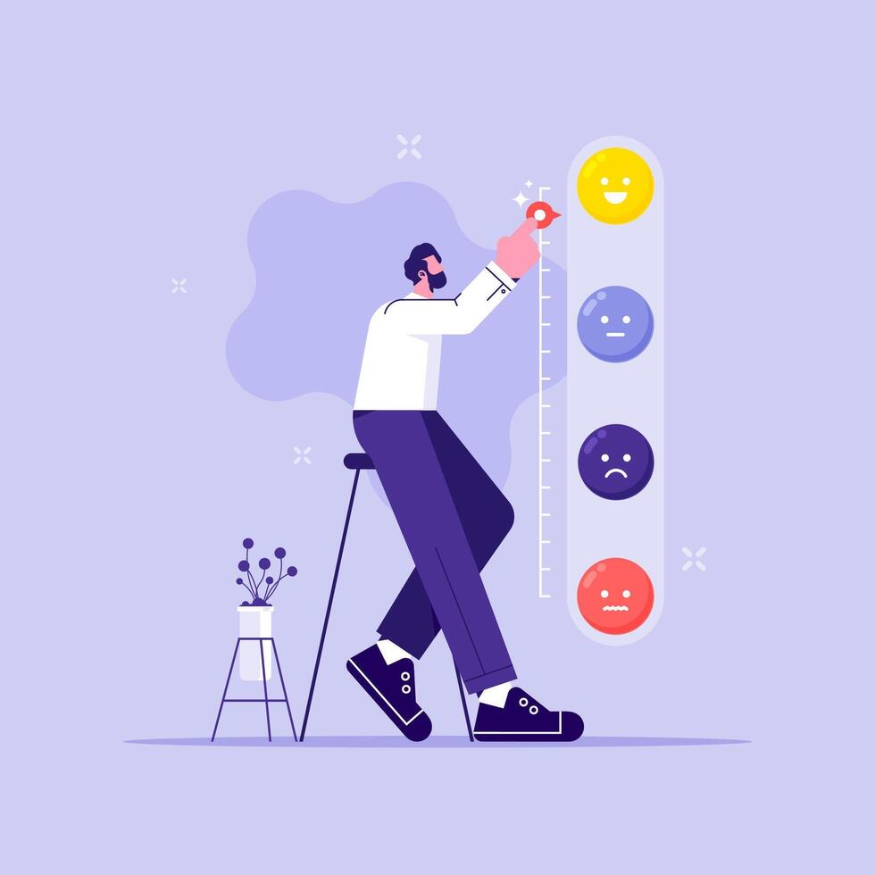 User feedback and rating Customer feedback concept, man trying to push customer feedback bar to be excellent smile vector