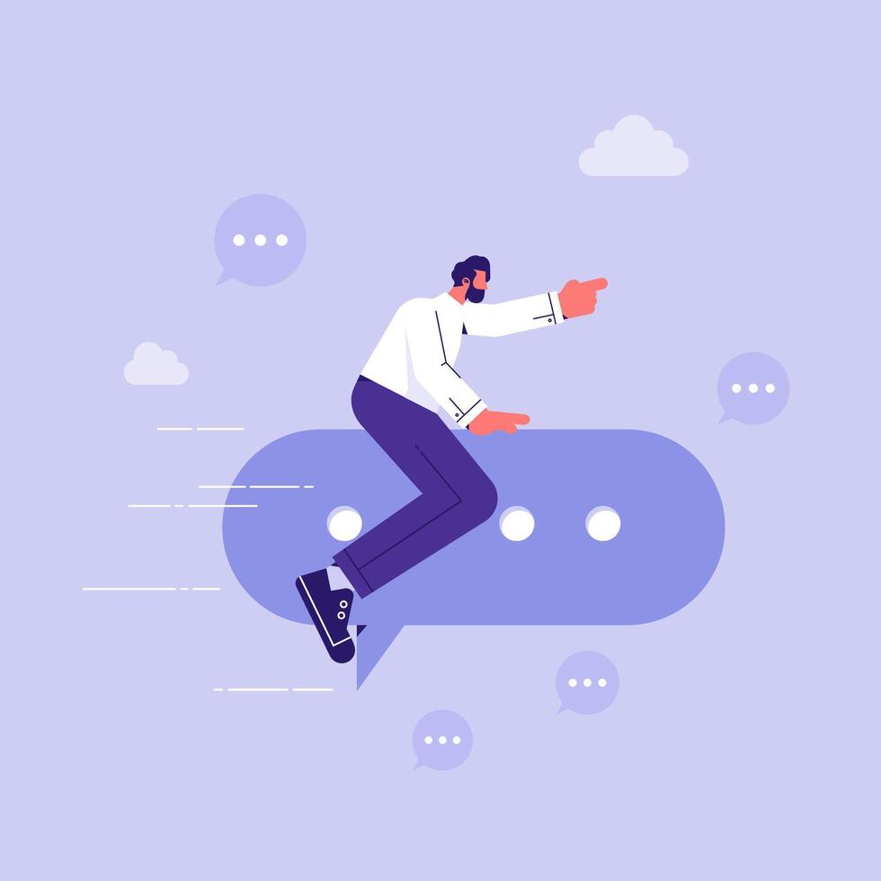 Businessman ride speech bubble pointing to target, effective communication, business leader communicate idea, sending message, announcement or dialog for success, meeting talk vector