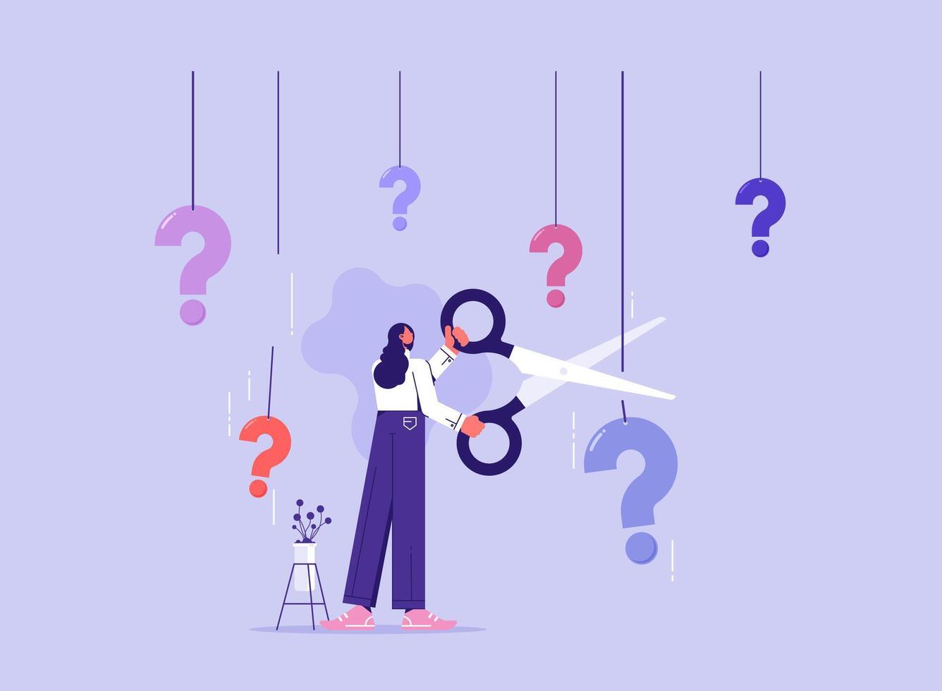 Solving problem or business solution concept, woman cutting the problems hanging around with a scissors vector