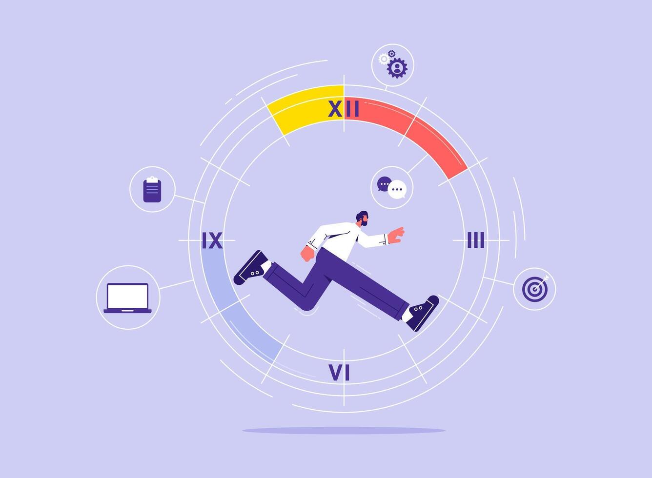 Man running fast in circles, busy worker makes schedule, businessman manages urgent tasks, events in graphic, clock reminds about deadline vector