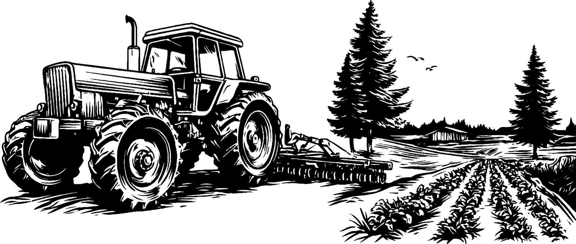 Tractor in the field with trees and trees vector