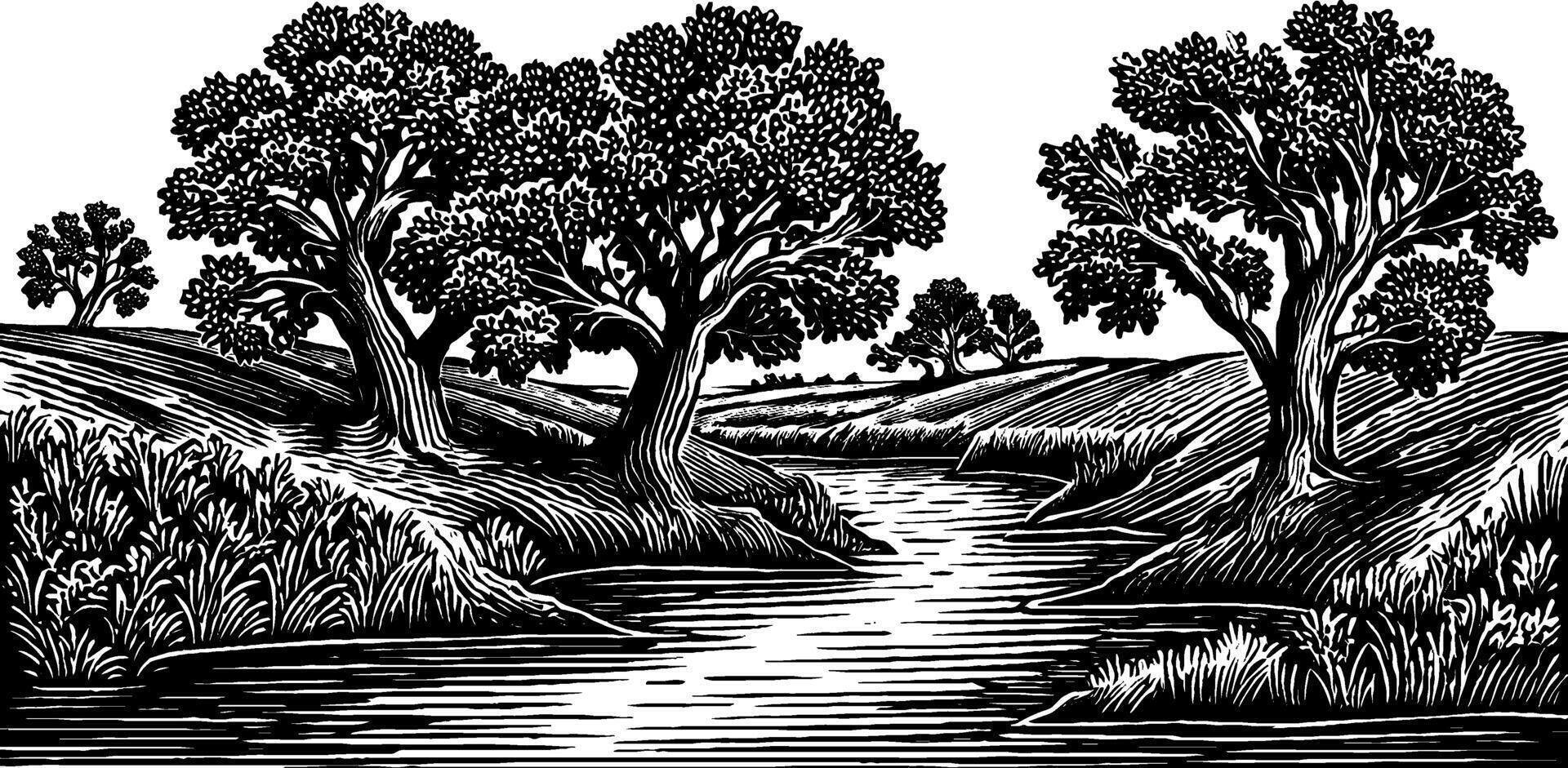Branching river delta scene with trees and channels in black and white vector