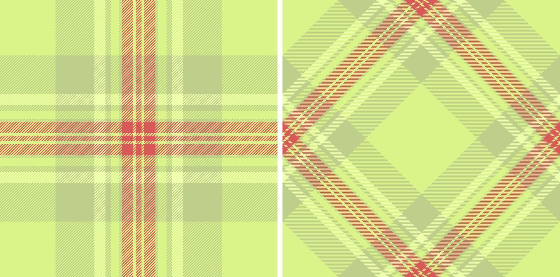 Two abstract tartan patterns in shades of fresh green with coral lines. A classic fabric design suitable for backgrounds, textiles, or festive seasonal projects. vector
