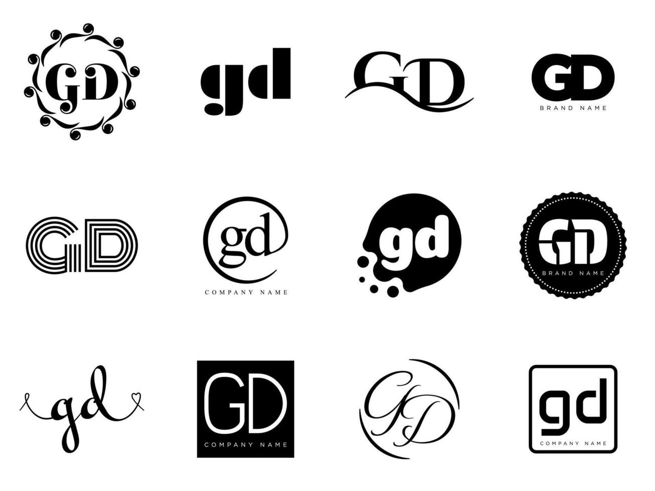 GD logo template. Letter g and d logotype. Set different classic serif lettering and modern bold text with design elements. Initial font typography. vector