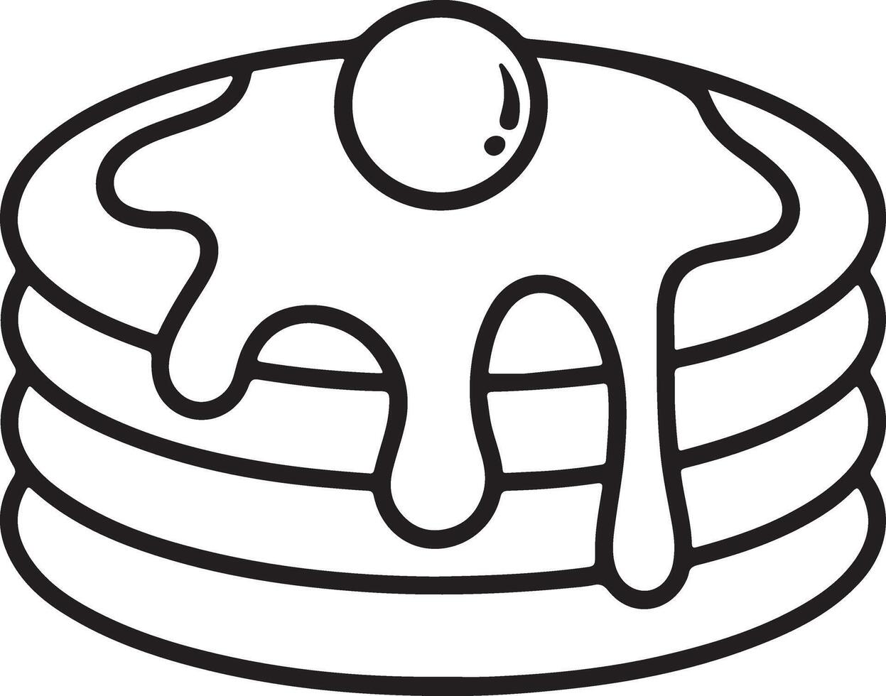 Simple outline drawing of a stack of pancakes with syrup and a berry on top vector