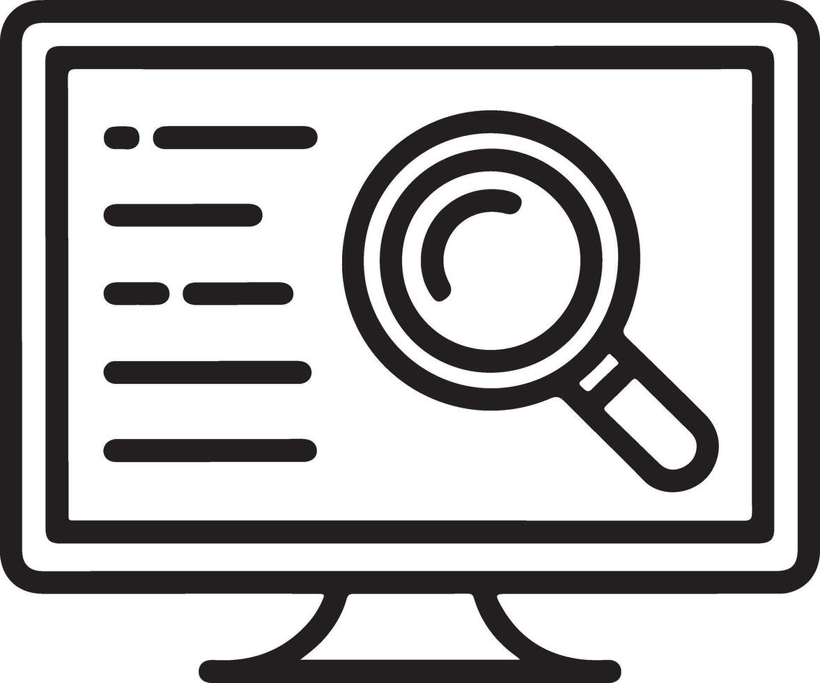 Computer screen displaying search results with a magnifying glass icon for data analysis vector
