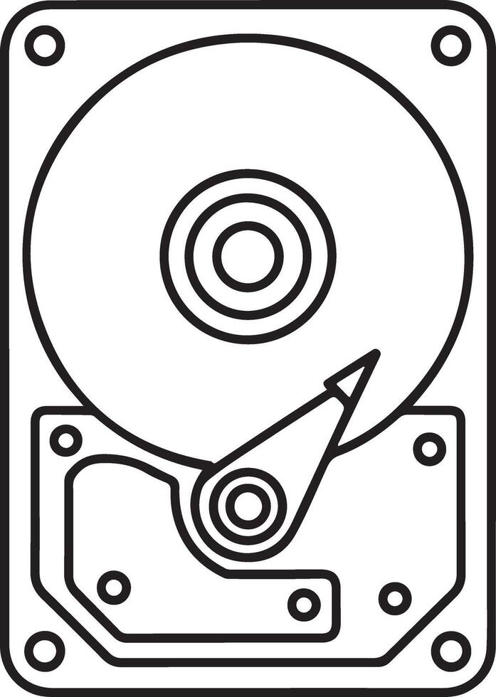 Simple line art illustration of an open hard disk drive showing internal components vector