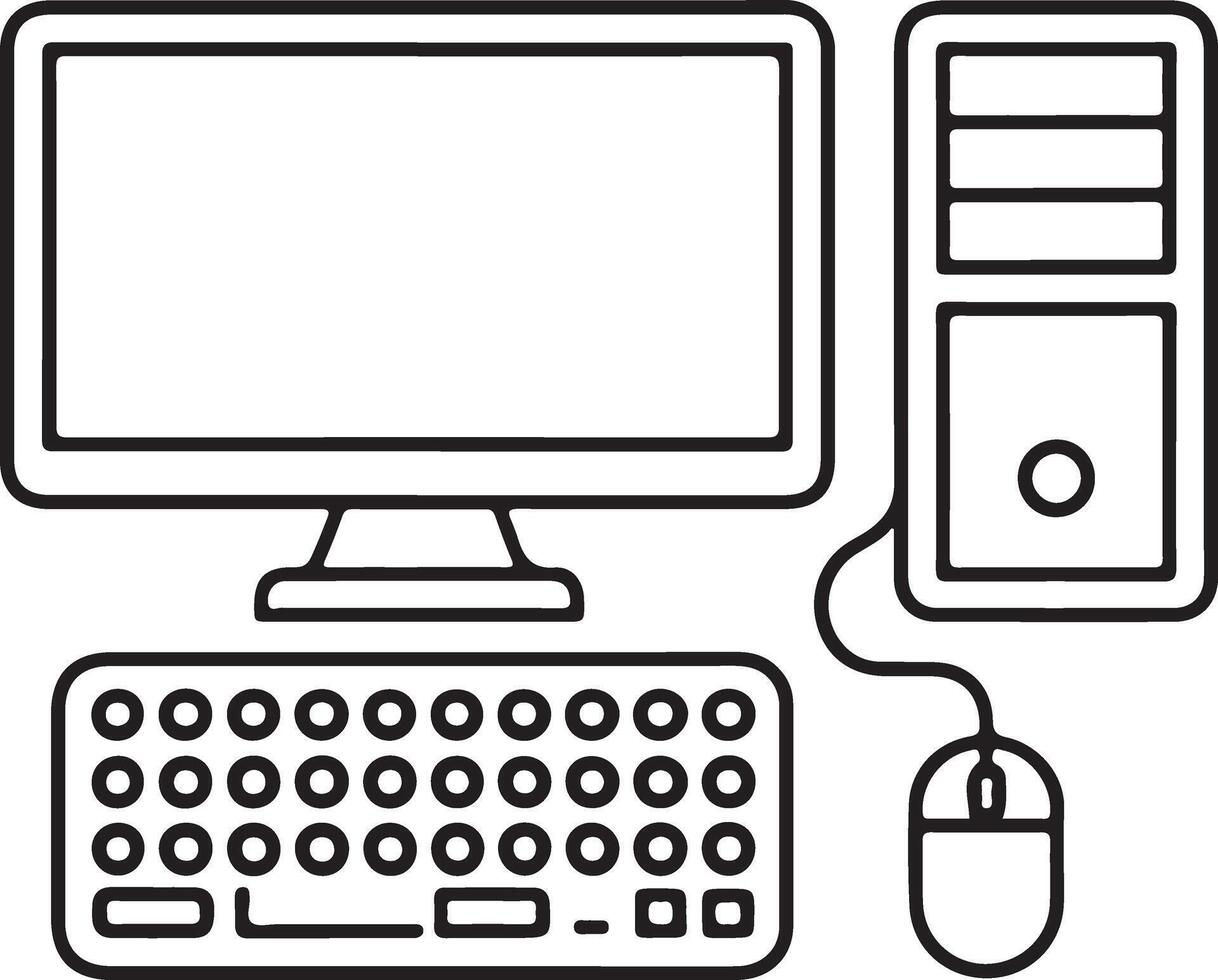 Simple line art illustration of a desktop computer with monitor keyboard and mouse vector