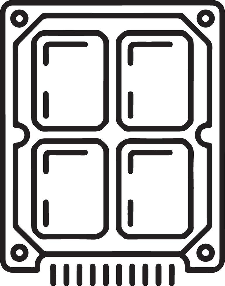 Stylized outline icon of a computer processor chip with four cores and pins vector