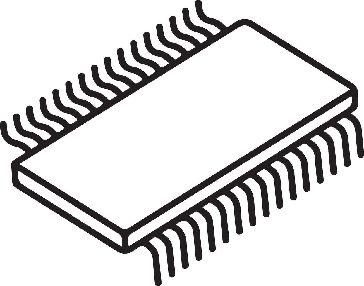 Isometric line drawing of a rectangular microchip with many pins on a white background vector
